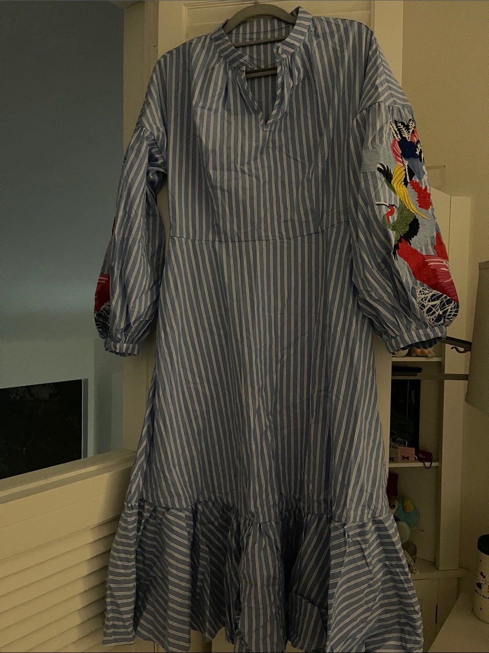 Blue and White Stripe Midi Dress with Embroidered Balloon Sleeves